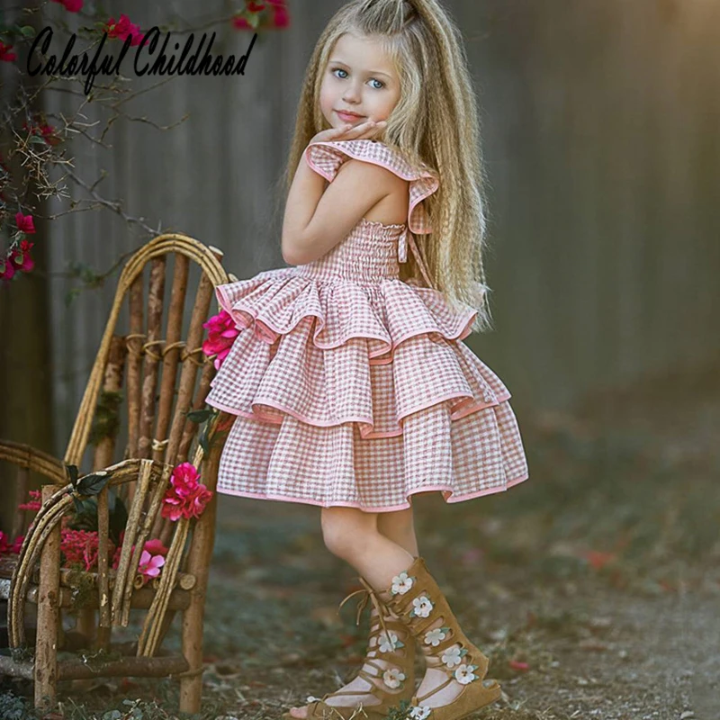 

High quality princess girls dress elegant party/wedding costumes ruffles plaid dresses toddler baby vestidos summer