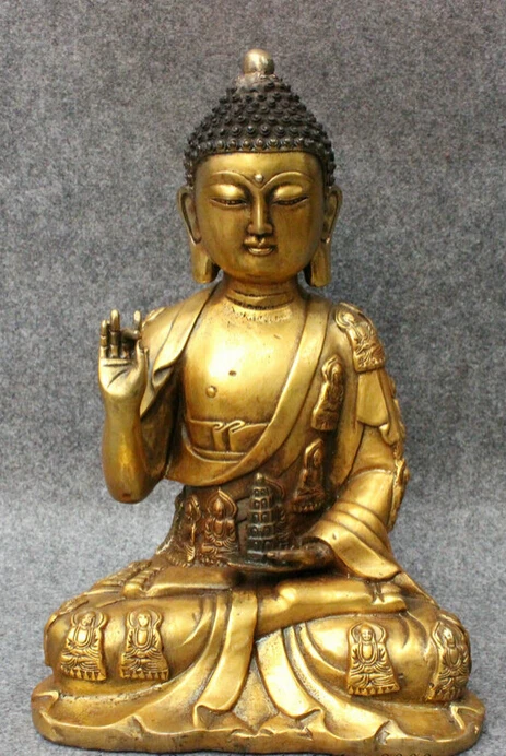 

S5068 12" Chinese Bronze Gilt Joss Shakyamuni Sakyamuni Buddha Seat Robe Stupa Statue D0318