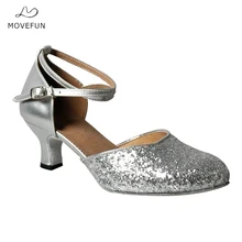 Movefun Фирменная Новинка квадратный Обувь для танцев женские вечерние Костюмы для латиноамериканских танцев Обувь Танцы Для женщин блеск современные Костюмы для бальных танцев Обувь 34-41 5 см каблук-68