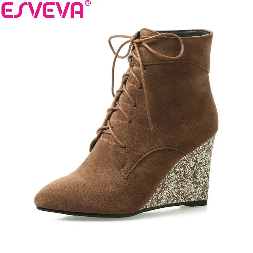 

ESVEVA 2018 Sequins Women Boots Spring Autumn High Heels Ankle Boots Wedges Heel Pointed Toe Lace Up Ladies Boots Size 34-42