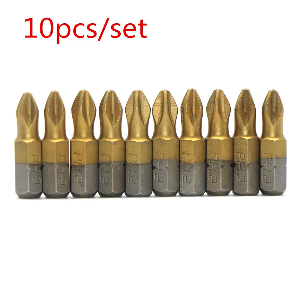 

Fixmee Hot 10Pcs Titanium coated 1/4" Hex Shank L 25MM PH2 Electric Anti Slip Phillips S2 Screwdriver Bit