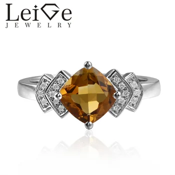 

Leige Jewelry Natural Citrine Rings Cushion Cut Engagement Rings For Woman 925 sterling silver Customized