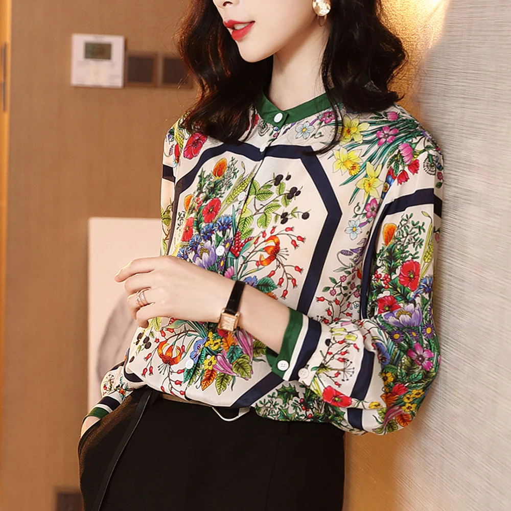  women silk shirts blouses 2019 new fashion long-sleeved loose shirt elegant vintage printed shirt c