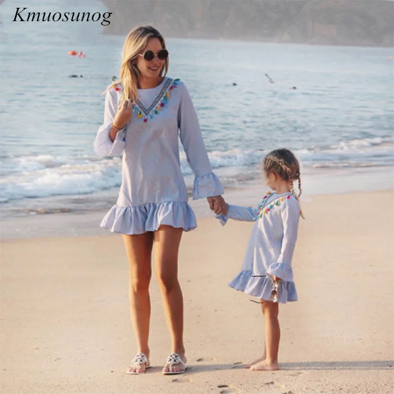 NASHAKAITE-Mother-and-daughter-clothes-Short-Sleeve-Stripe-Tassel-Mini-Dress-Mom-and-daughter-dress-Family (1)