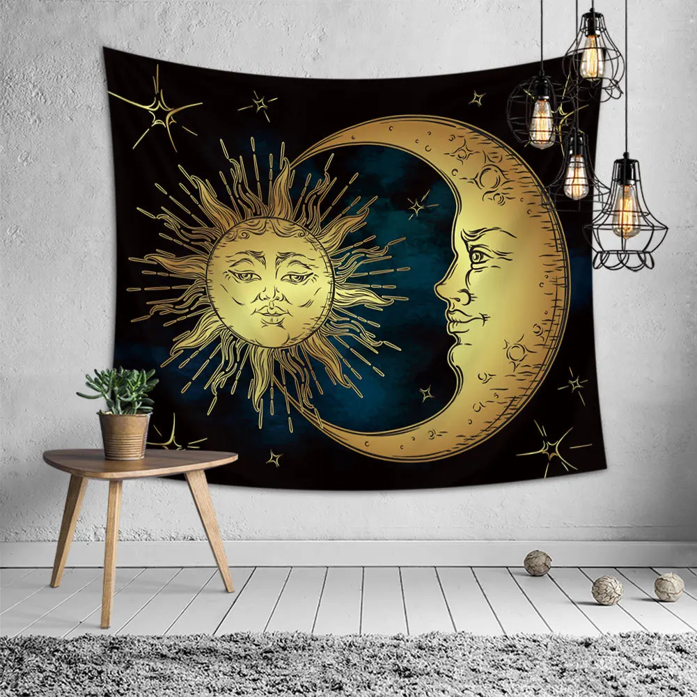 Sun Moon Face Tapestry Creative Bohemian Hippie Tapestry Woven Decorative Polyester Boho Carpet