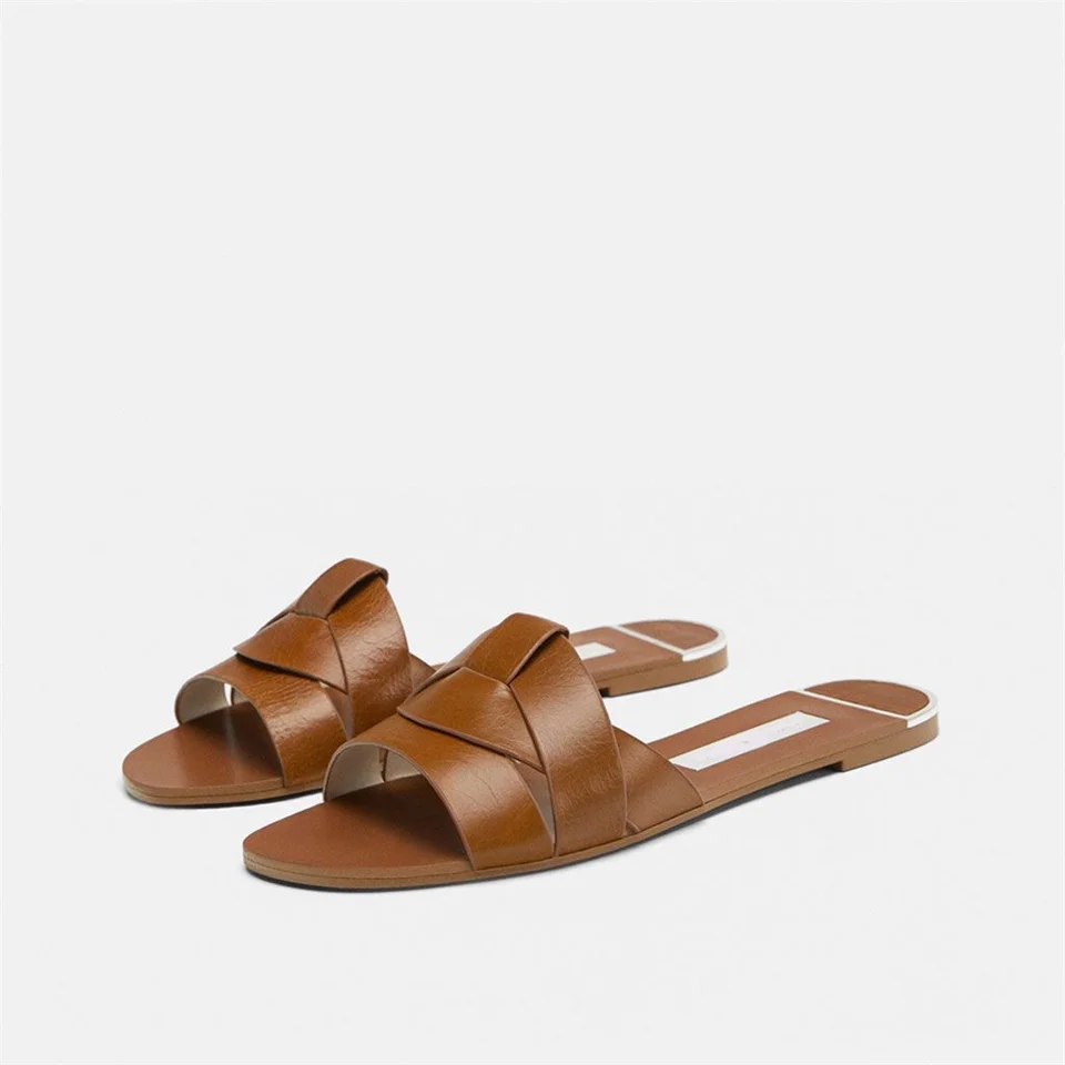 

Fashion Brand 2019 Summer Cross Leather Ladies Slippers Women Flat Heels Open Toe Beach shoes Lazy casual Women's Slippers