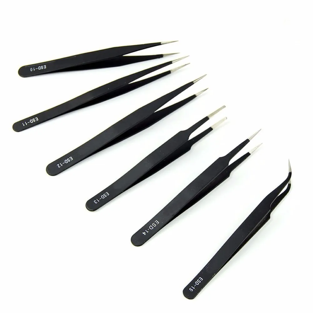 

6pcs/set ESD Tweezers Non-magnetic Forceps Anti-static Curved Tip Black Maintenance Tools for Electronics Jewelry Bird's Nest