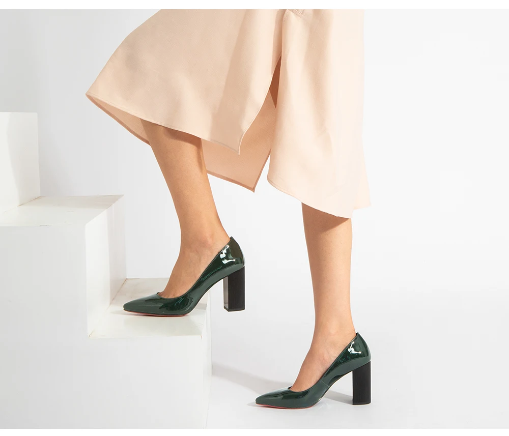 SOPHITINA Всесезонная женская обувь; Туфли-лодочки на высоком и квадратном каблуке; Элегантные офисные женские туфли из лакированной кожи темно-зеленного цвета внутри кожа; Пикантные вечерние туфли с острым носком, W03
