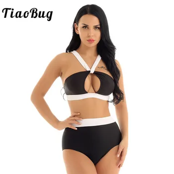 

TiaoBug Summer Women Fashion Swimsuit Halter Padded Bra Tops with High Waist Bathing Suit Swimwear Beach Sexy Bikini Set Biquini