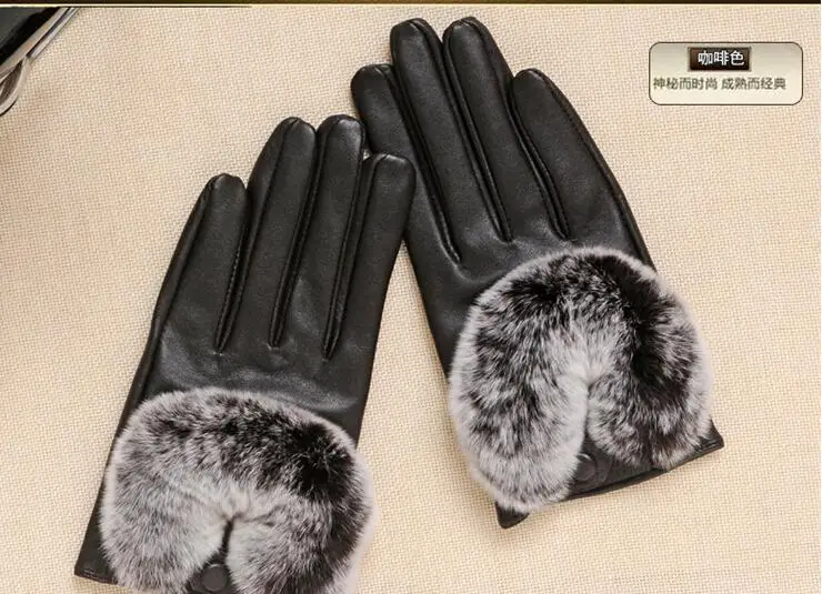 Для Женщин Осенние и зимние утепленные флисовая подкладка перчатки женские натуральный мех кролика перчатки Натуральная Кожа