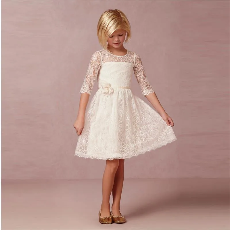 Free-Shipping-Beach-Ivory-Lace-Flower-Girls-Dresses-With-Half-Sleeve-Knee-Length-Cheap-New-2016