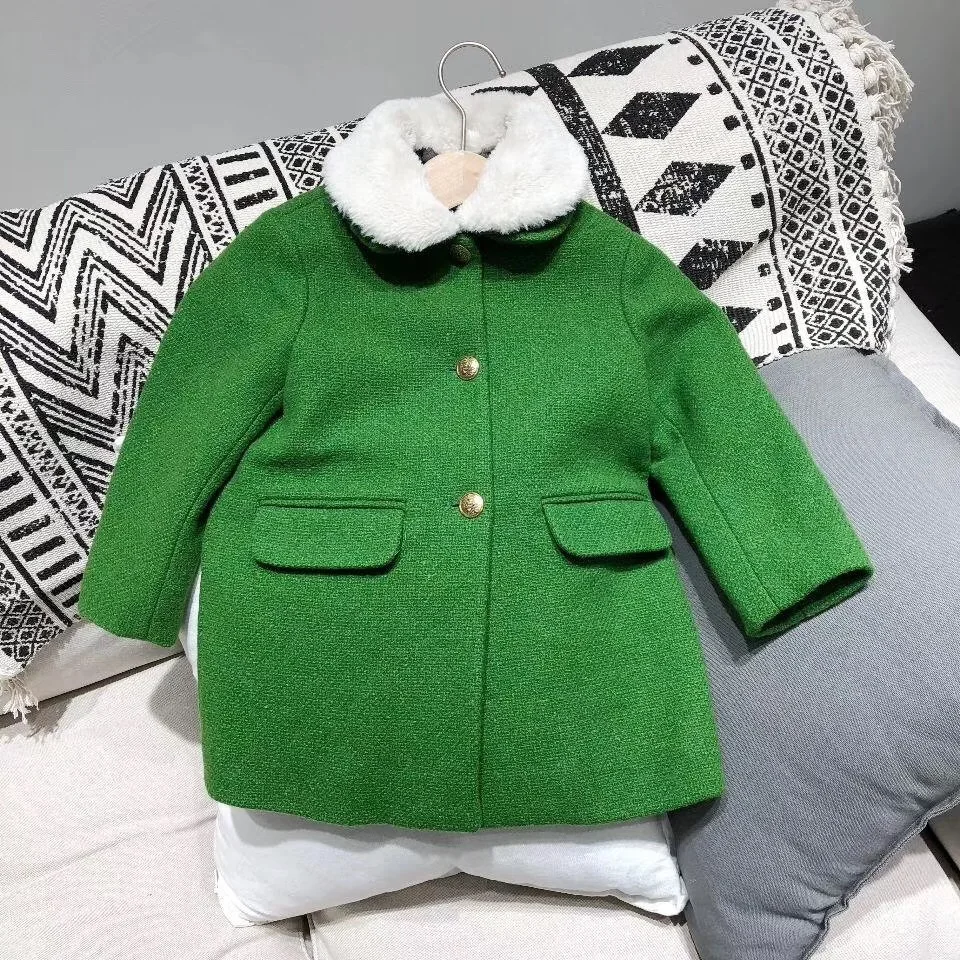 

girls wool coat kids cotton padded solid green color turn-down collar kids woolen winter coat