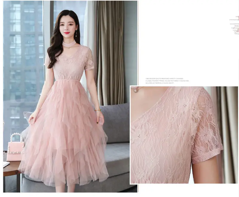 Модное корейское элегантное розовое кружевное лоскутное шифоновое платье с кисточками, женские летние платья с коротким рукавом и v-образным вырезом, женские платья vestidos mujer
