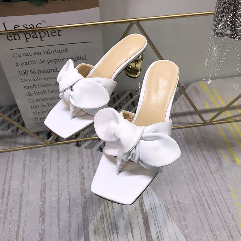 

Hot Woman Shoes Metallic Heel Butterfly Knot Decor Woman Slipper Square Toe Woman Shoes Flip Flop Summer Outdoor Chic Lady Shoes