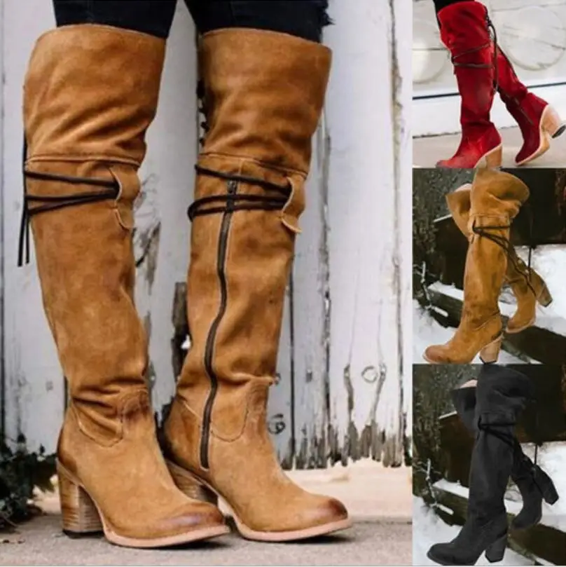 Zapatos mujer; зимняя женская обувь; Высокие Сапоги выше колена; винтажные сапоги до бедра на высоком каблуке со шнуровкой; Дамская обувь; femme