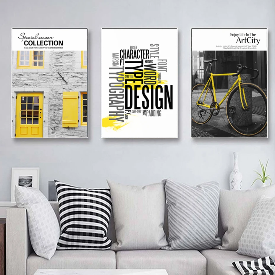

Nordic Modern City Building Bike Yellow Typography Canvas Painting Poster Print Wall Art Picture Living Room Home Office Decor