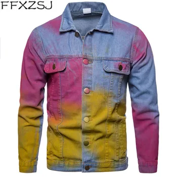 

Fashion Autumn Men Denim Hip Hop Streetwear Jackets Vintage Colorful Patchwork Dye Ink Jacket Coat Jeans Bombers denim jacket