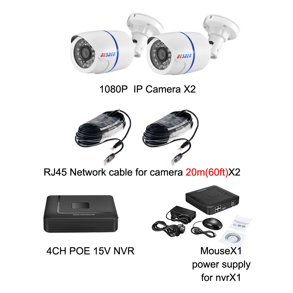 Besder Full HD 1080P CCTV система безопасности 4 шт 1080P Внутренняя/внешняя ip-камера 4CH POE15V NVR CCTV комплект P2P 1080P HDMI/VGA выход - Цвет: Бежевый