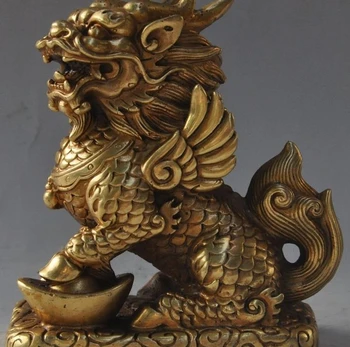 

5"chinese brass wealth yuanbao Kirin Unicorn Kylin dragon head wing beast statue
