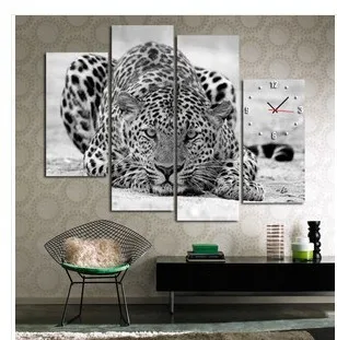 

B/W Leopard In Wait Modern Wall Clock On Quality Canvas Prints Set Of 4 FRAMED