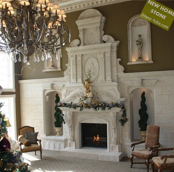 Large wall fireplace double style mantel livingroom wall decorating