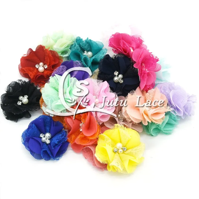 2.5''pearl rhinestone chiffon lace flower (10)