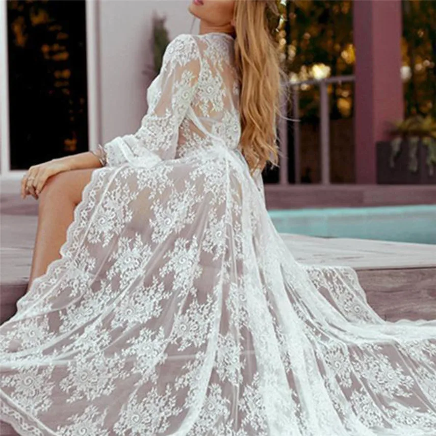 

MAXIORILL Sexy summer dress Womens Long Sleeve V-Neck Lace Mermaid Cover Up Beach Bodycon Dress bohemian dress jurken Y*