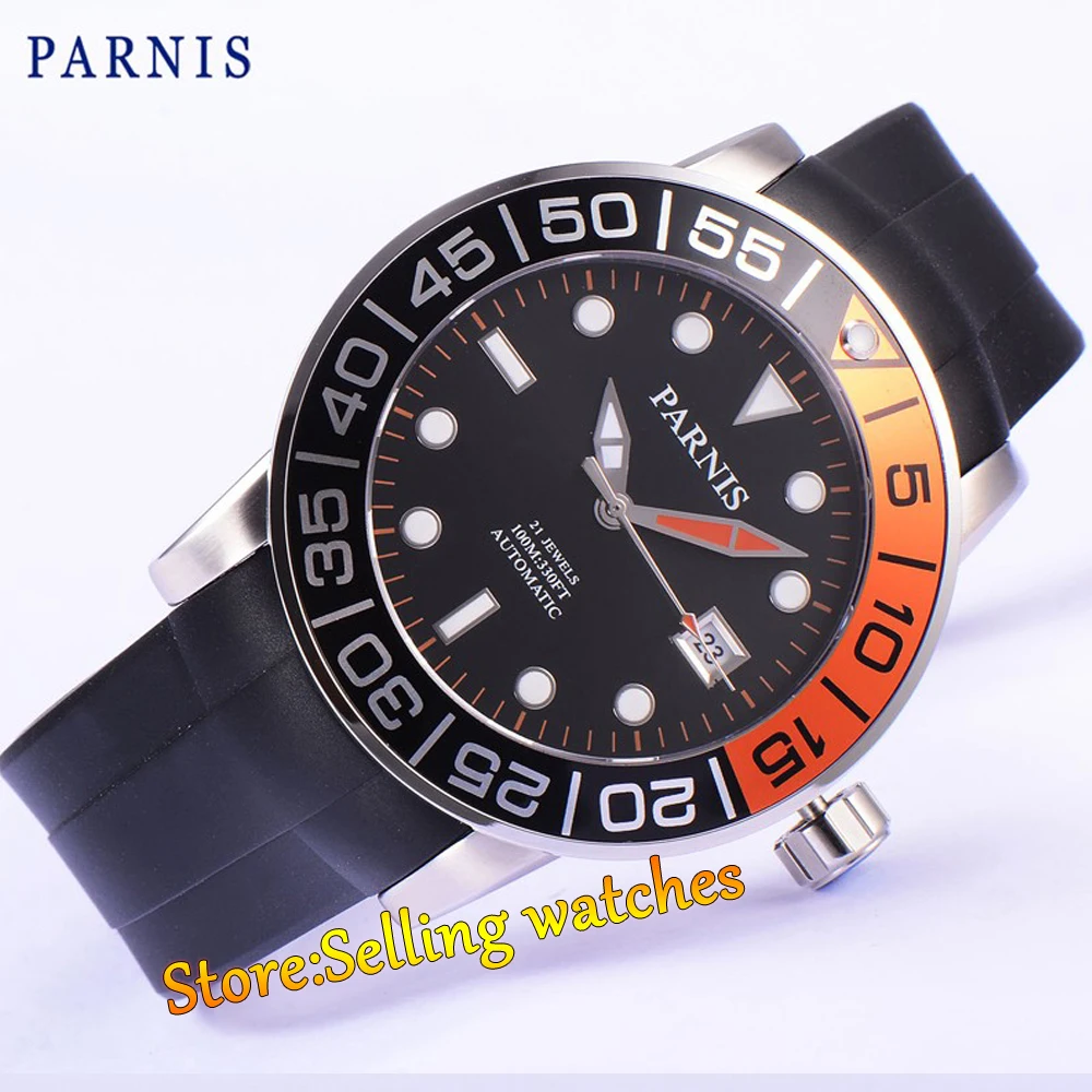 

42mm Parnis Sapphire Rotating Bezel Automatic Watch Luminous Number Rubber Strap