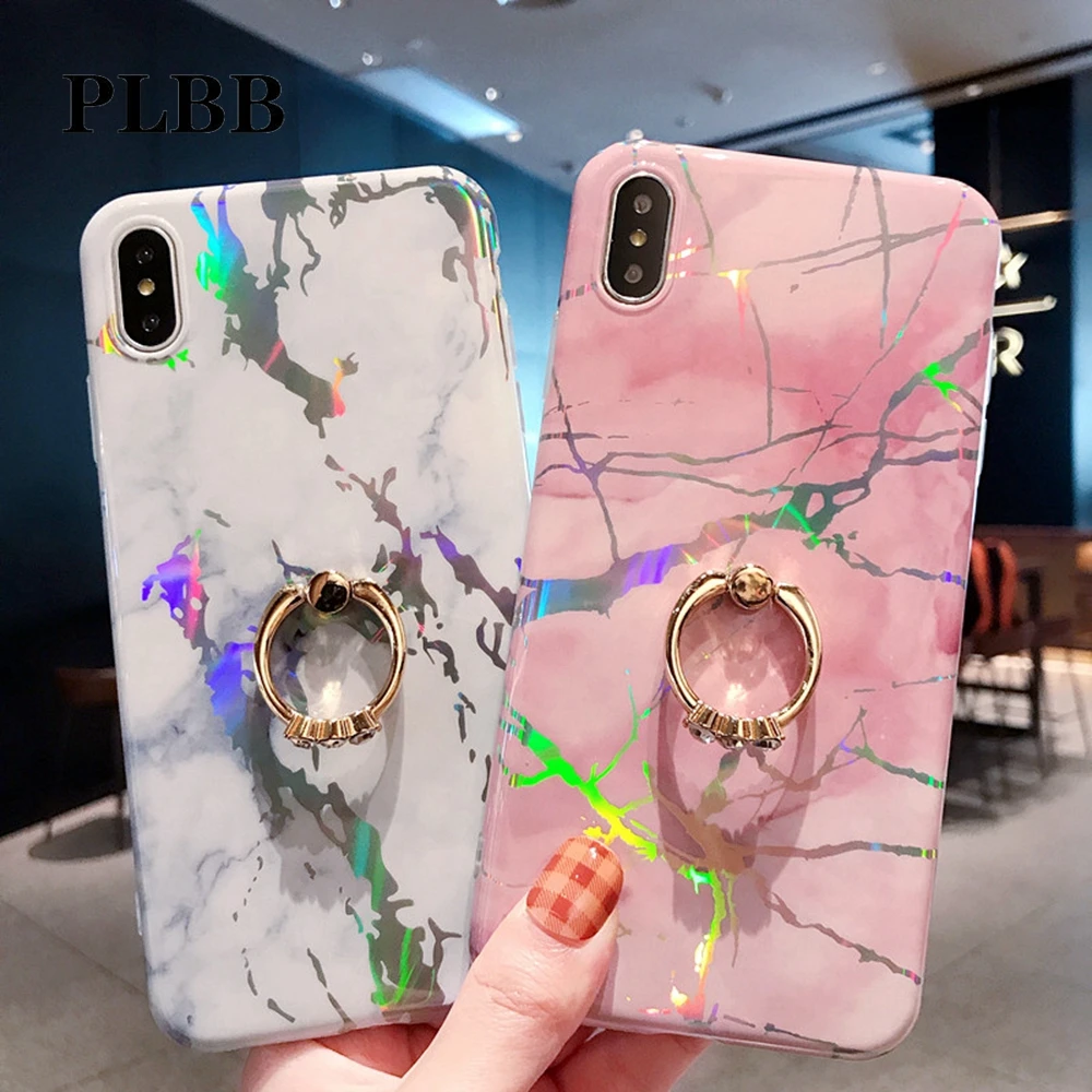 

PLBB Kickstand Silicone Laser Marble Phone Fundas Case for iPhone 6 6s 7 8 Plus X XS MAX XR Coque Cover with Diamond Finger Ring
