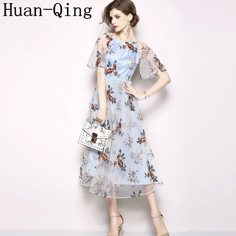 

2018 Summe Runway Women Mesh Luxury Embroidery Slim Long Dress Ladies Sexy Short Sleeve Elegant Party Dresses Vestidos Mujer 2XL