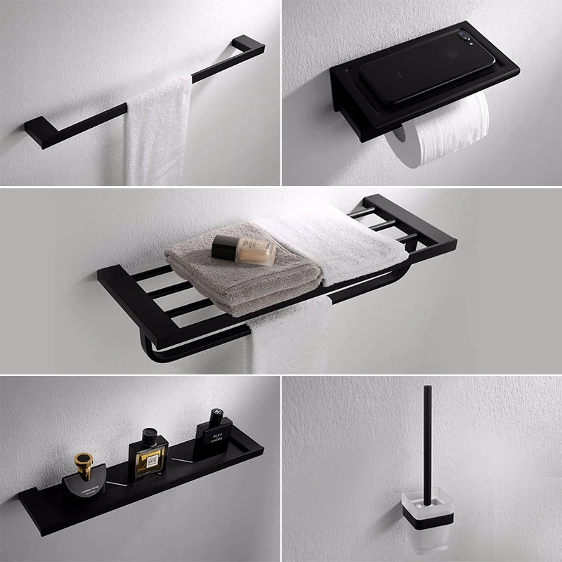 Preise Badezimmer Zubehör Set Handtuch Rack Ecke Regal Papier Halter, Wc Pinsel Halter, matt Schwarz Edelstahl Bad Hardware set