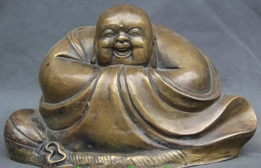 

JP S0706 8" Chinese Folk Copper Seat Happy Laugh Maitreya Buddha Money Bag Wealth Statue