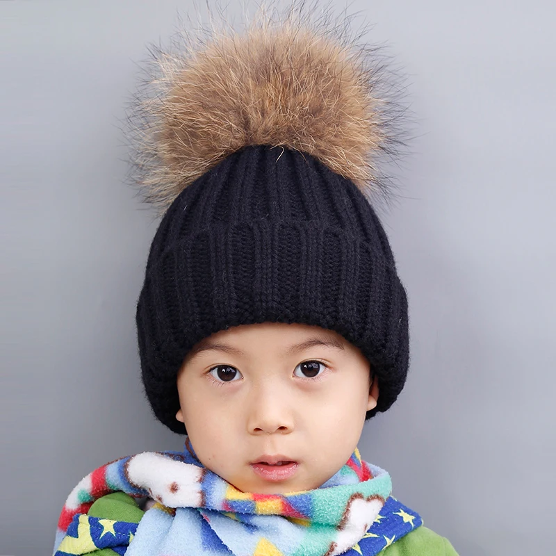 children fur pompom hat caps Raccoon Ball Pom Poms Winter Cotton Beanies Thick Children Fur Ball