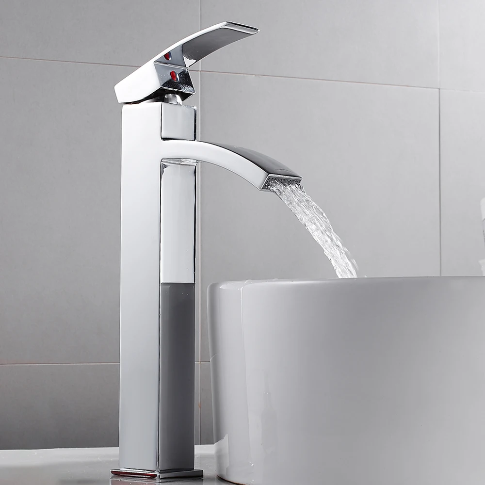 

High Waterfall Tall Basin Faucet Bathroom Sink Taps Basin Mixer Spray Square Mono Zinc Alloy Body Copper Extension Rod