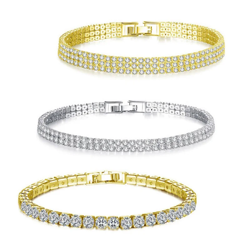 

Crystal Women Bracelet 19cm 1/2/3 Row Silver Gold Rhinestones Chains Fashion Wedding Party Jewelry Gifts Hip Hop Men Bracelet