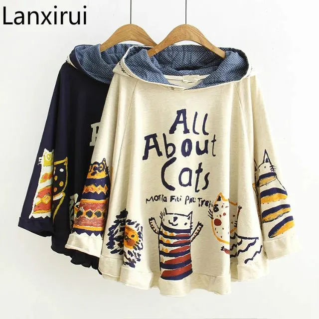 

2019 New Autumn And Winter Hoodies Hooded Loose Print Cat 2 Colour Kawaii Japan Style Harajuku Hoodies Tops Cute Warm