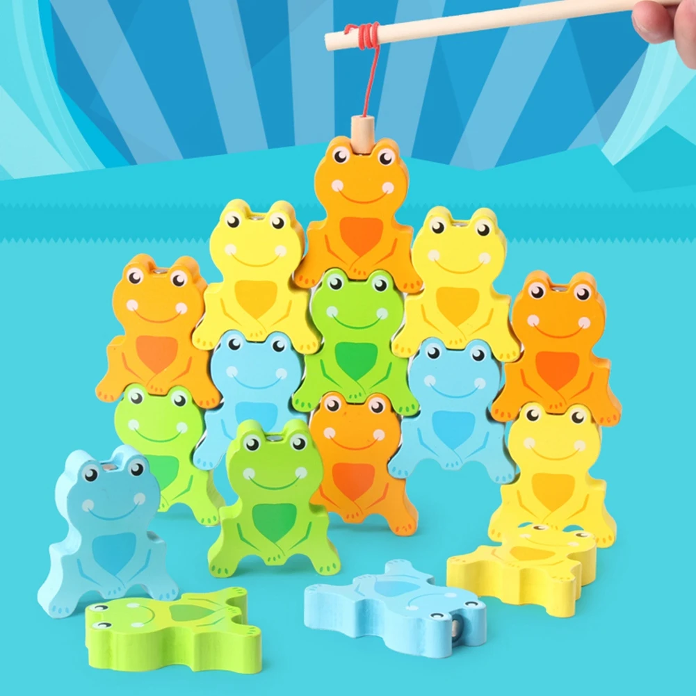  Baby Intellectual Educational Toy Children's Magnetic Wooden Frog Balanced Building Blocks Fishing  - 33012303391