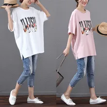 Корейская женская летняя рубашка с буквенным принтом свободного размера плюс, Женская хлопковая футболка с коротким рукавом