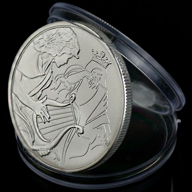 Израиль Библейская история Серебряная монета Давида играть арфа для короля Сола сувенир металлические ремесленные монеты диаметром 40 мм