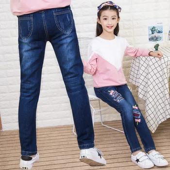 

Teenage Girls Denim Jeans 2020 Autumn Winter Kids Cotton Elastic Pants Leggings Fleece Thicken Warm Embroidered Jeans 3-12 Years