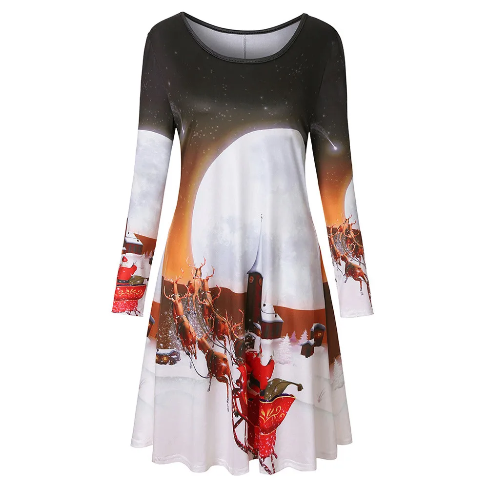 

Womail Women Dress knee-length Dresses Casual Loose Print vestidos 2018 Fashion Christmas Long Sleeve dress Party vestido Oct31