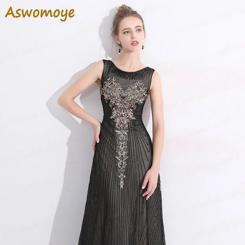 Aswomoye элегантное вечернее платье трапециевидной формы Длинные платья для выпускного вечера со стразами черное иллюзионное вечернее платье Vestido de festa