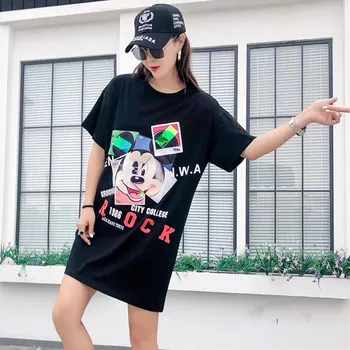 

2019 spring and summer long section rice cartoon pattern large size women's personality casual short-sleeved women's T-shirt