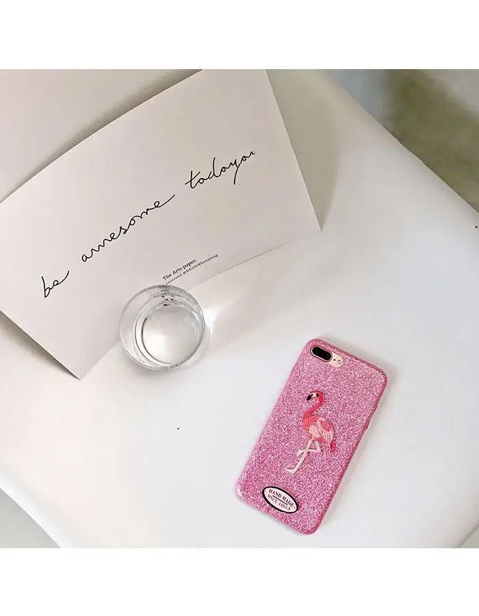 embroidery flamingo glitter sequins phone case for iPhone 6 6s 7 Plus (4)_