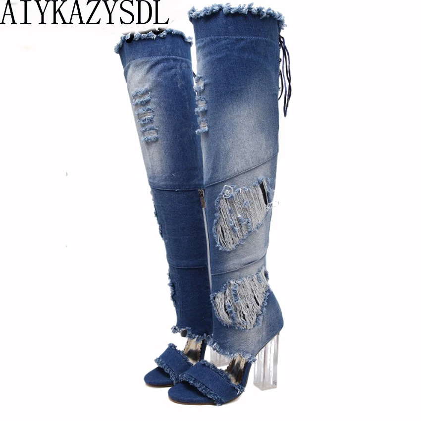 denim peep toe thigh high boots