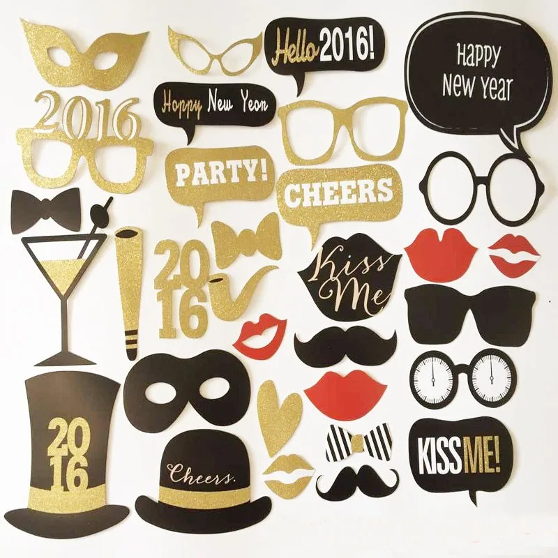 32PCS Funny Glitter Photo Booth Props Moustache Lip Hats Glasses On A