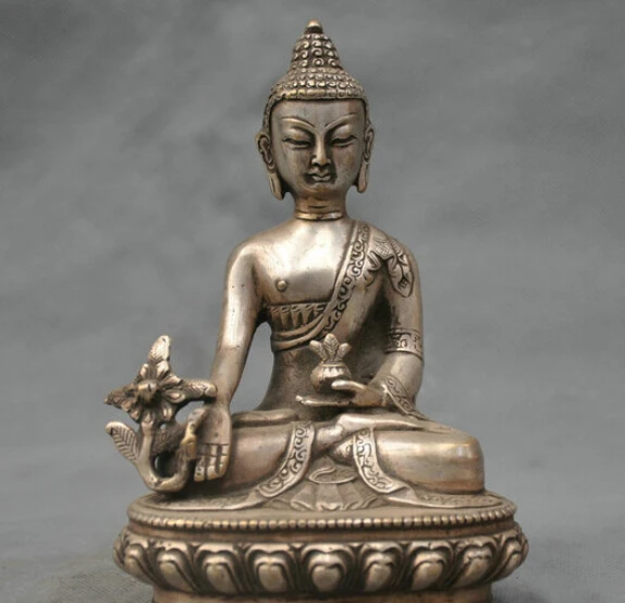 

6" China Silver Bronze Buddhism Medicine Buddha Bhaisajyaguru Statue R0712