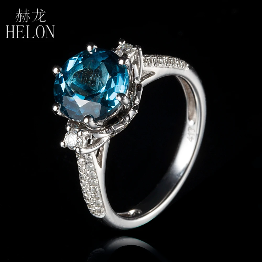 

HELON Solid 14KT White Gold 9mm Round 2.6ct London Blue Topaz EngagemenPave 0.4ct Natural Diamond Wedding Exquisite Jewelry Ring