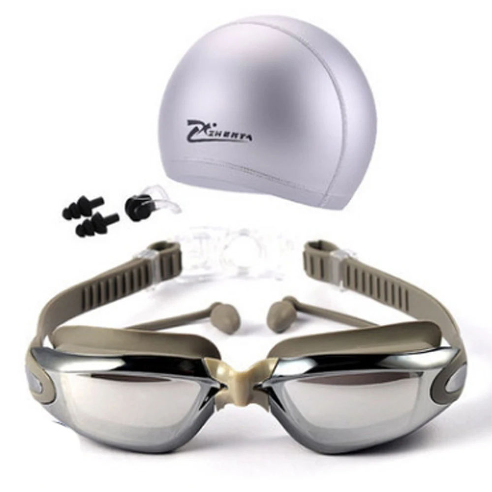 HD водонепроницаемые и противотуманные очки для плавания для мужчин и женщин, большая оправа с покрытием, очки с шапкой для плавания - Цвет: gray