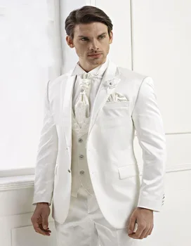 

2020 Handsome White Two Button Tuxedos For Men Ivory Notched Lapel Wedding Groomsmen Suit (jacket+pants+Bow tie+vest)